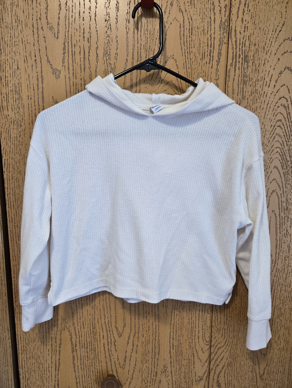 Cropped White Waffle-Knit Hoodie